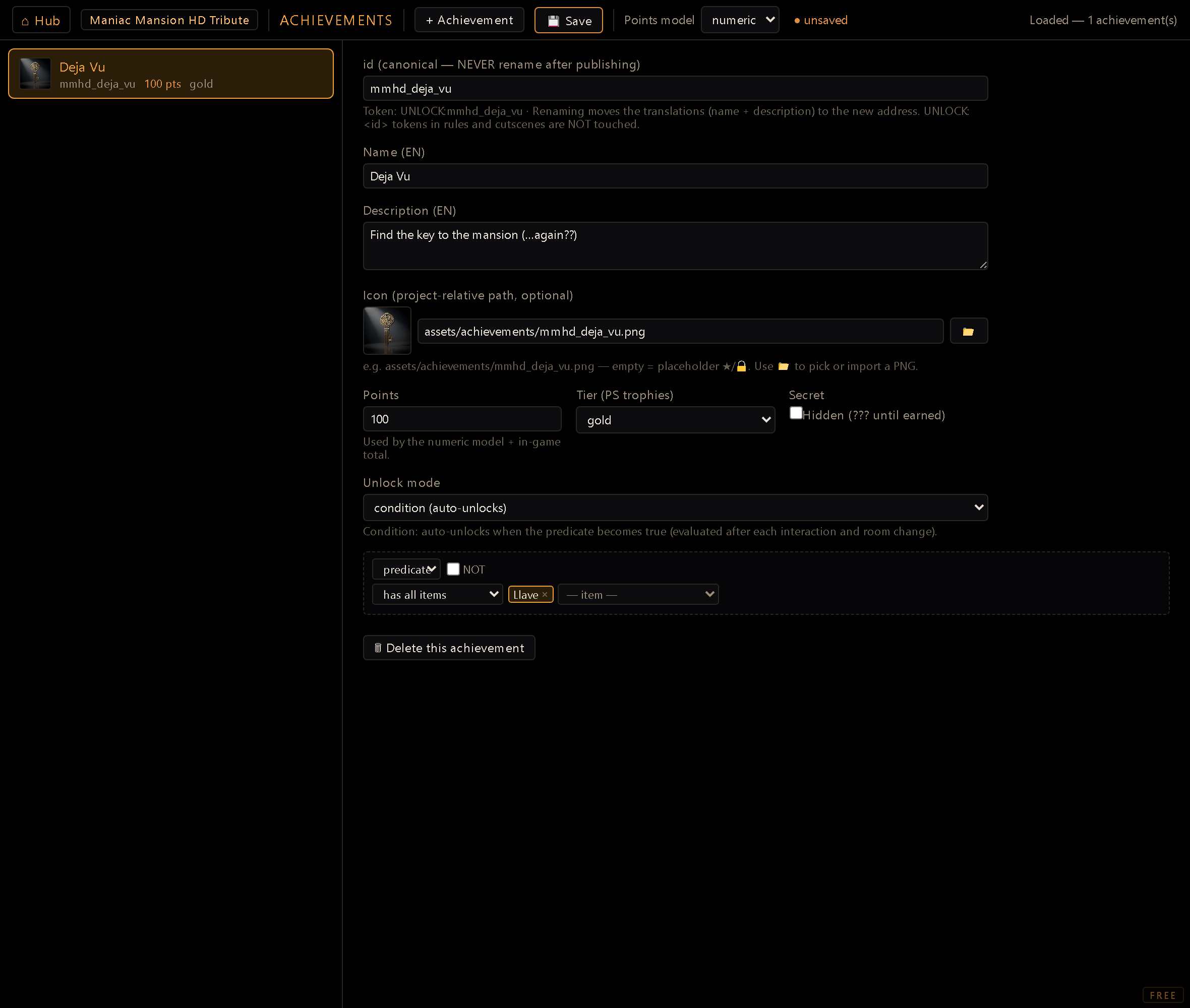 The Achievements Editor screen — the trophy list on the left and the detail form for a selected achievement on the right.