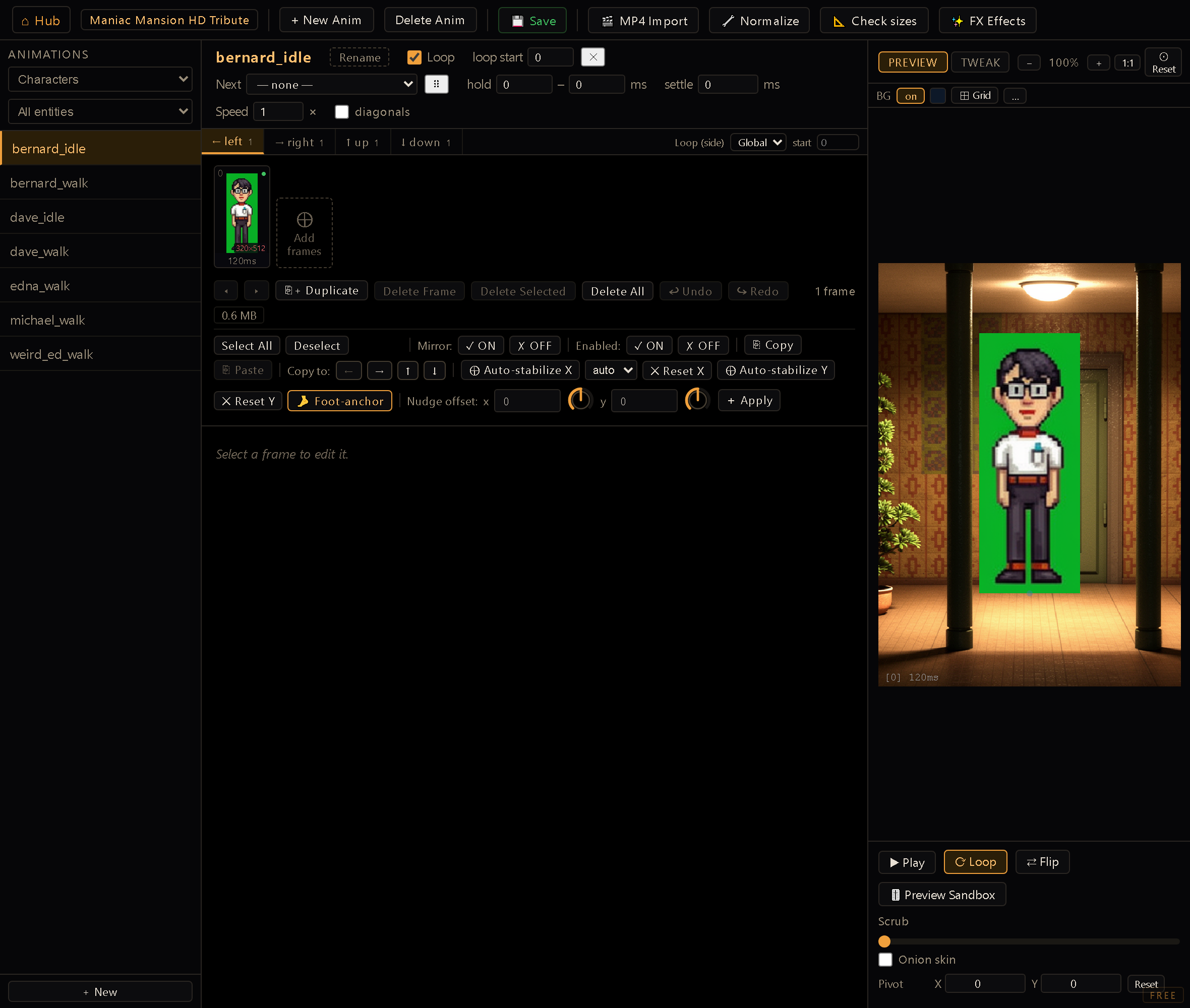 The Anim Editor screen — the frame list and directional preview for the selected animation.