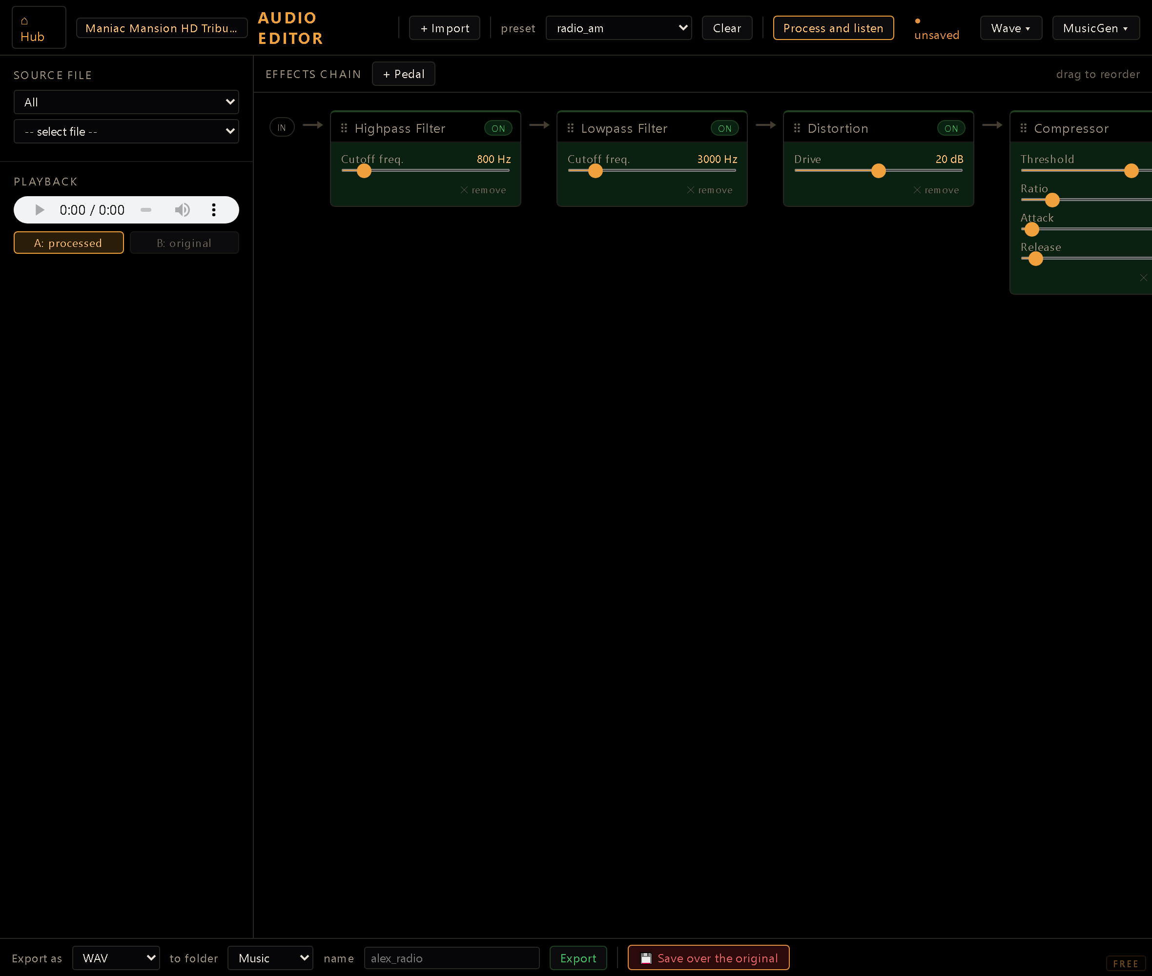 The Audio Editor screen — the music, ambient, SFX, and voice asset browser.