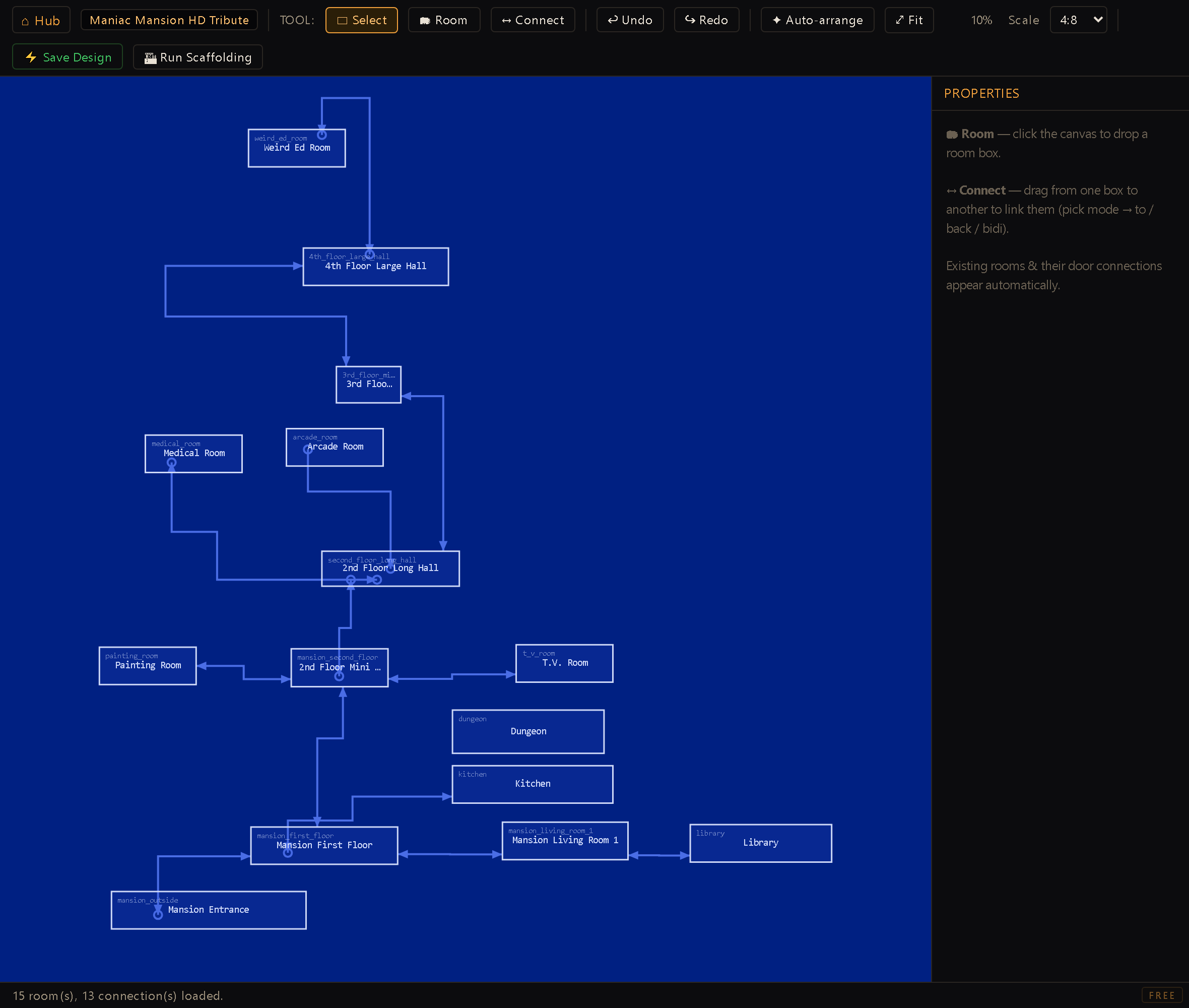 The Blueprint Designer screen — the pan/zoom room map with rooms as boxes and connectors between them.