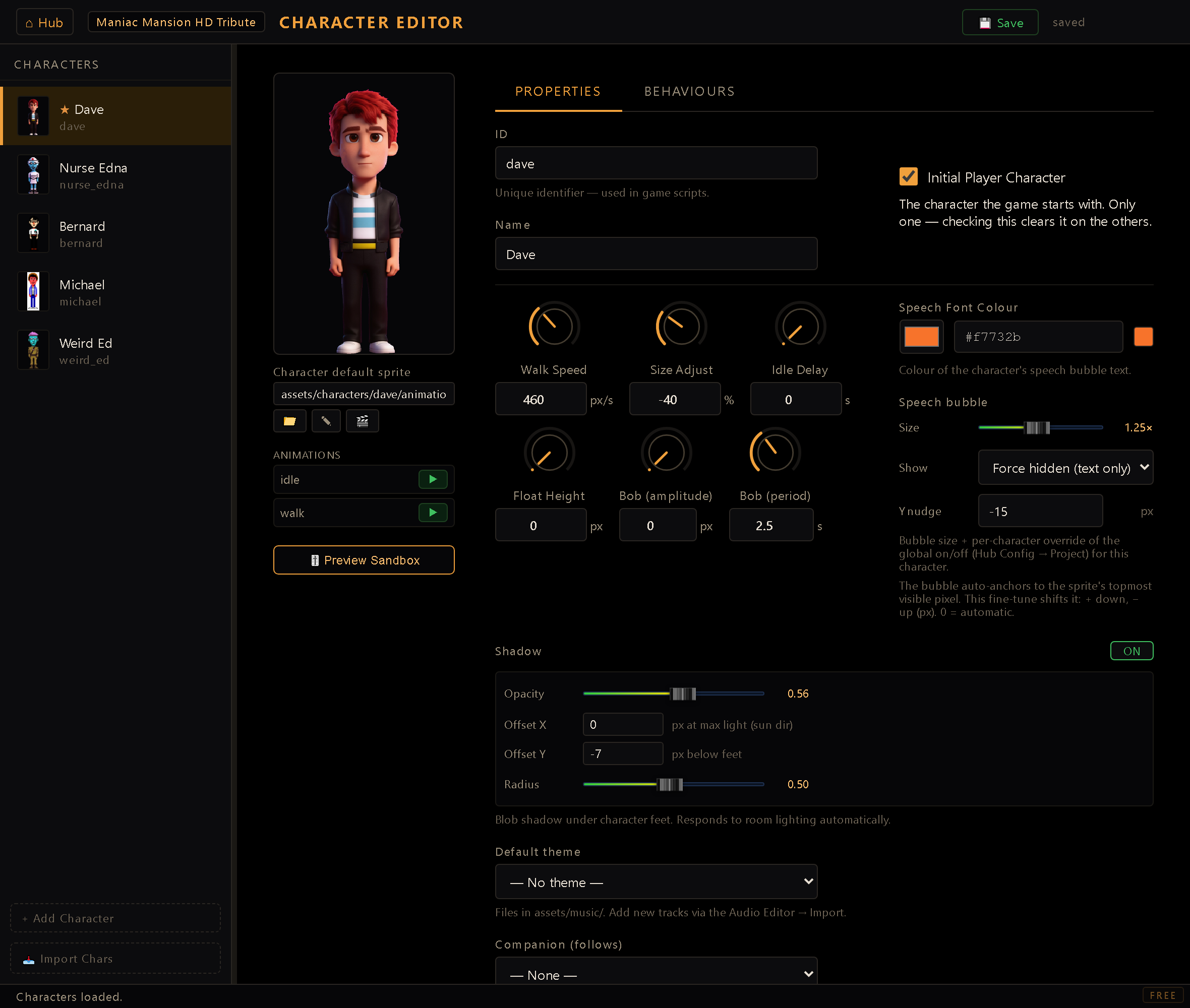 The Character Editor screen — the character list on the left and sprite/behavior settings on the right.