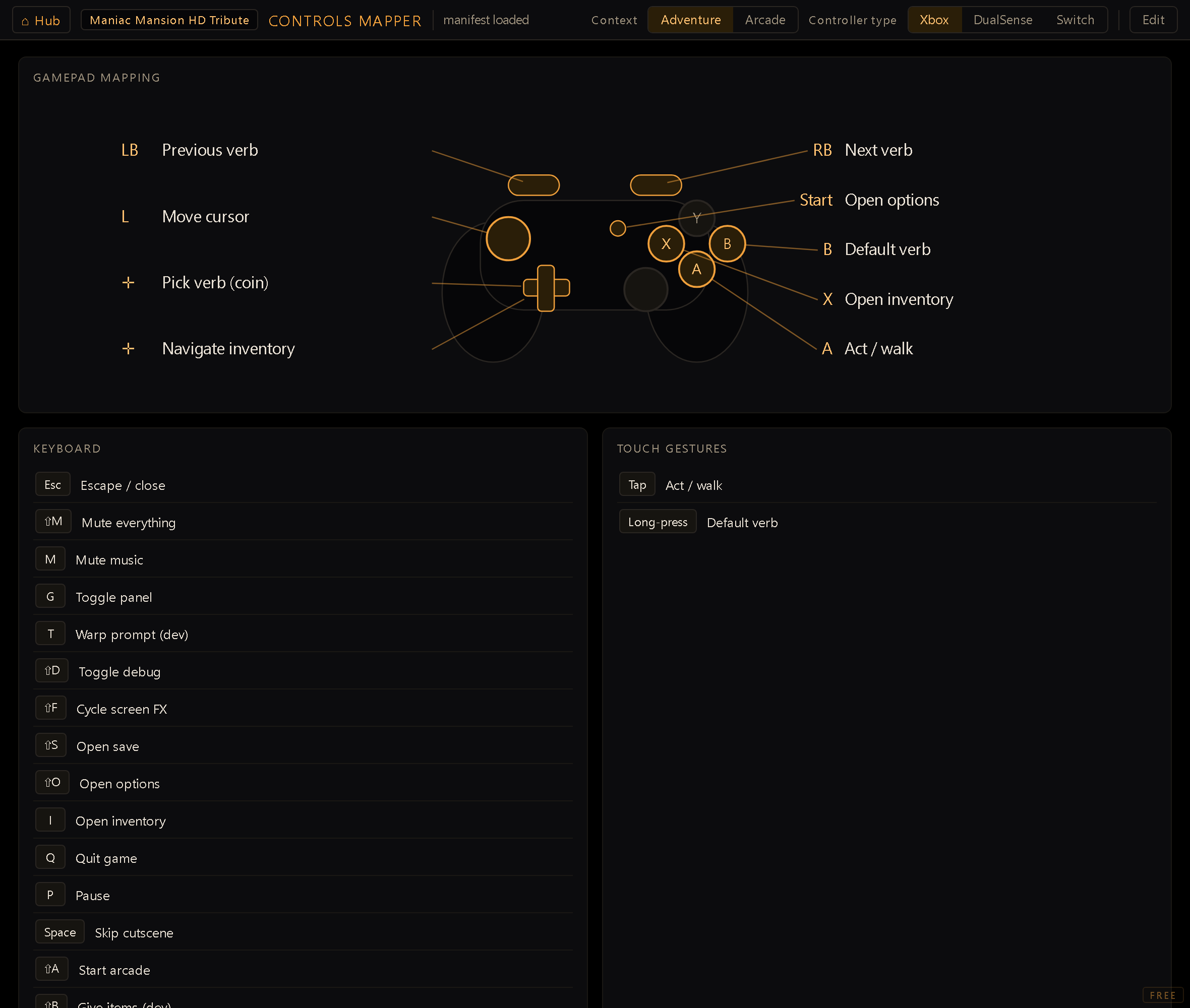 The Controls Mapper screen — the effective input bindings for the active project.