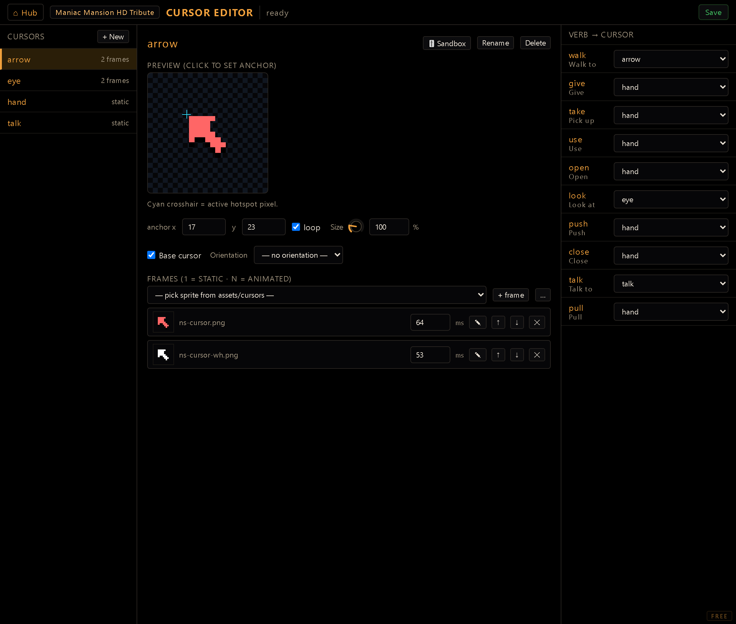 The Cursor Editor screen — the verb-to-cursor bindings list.