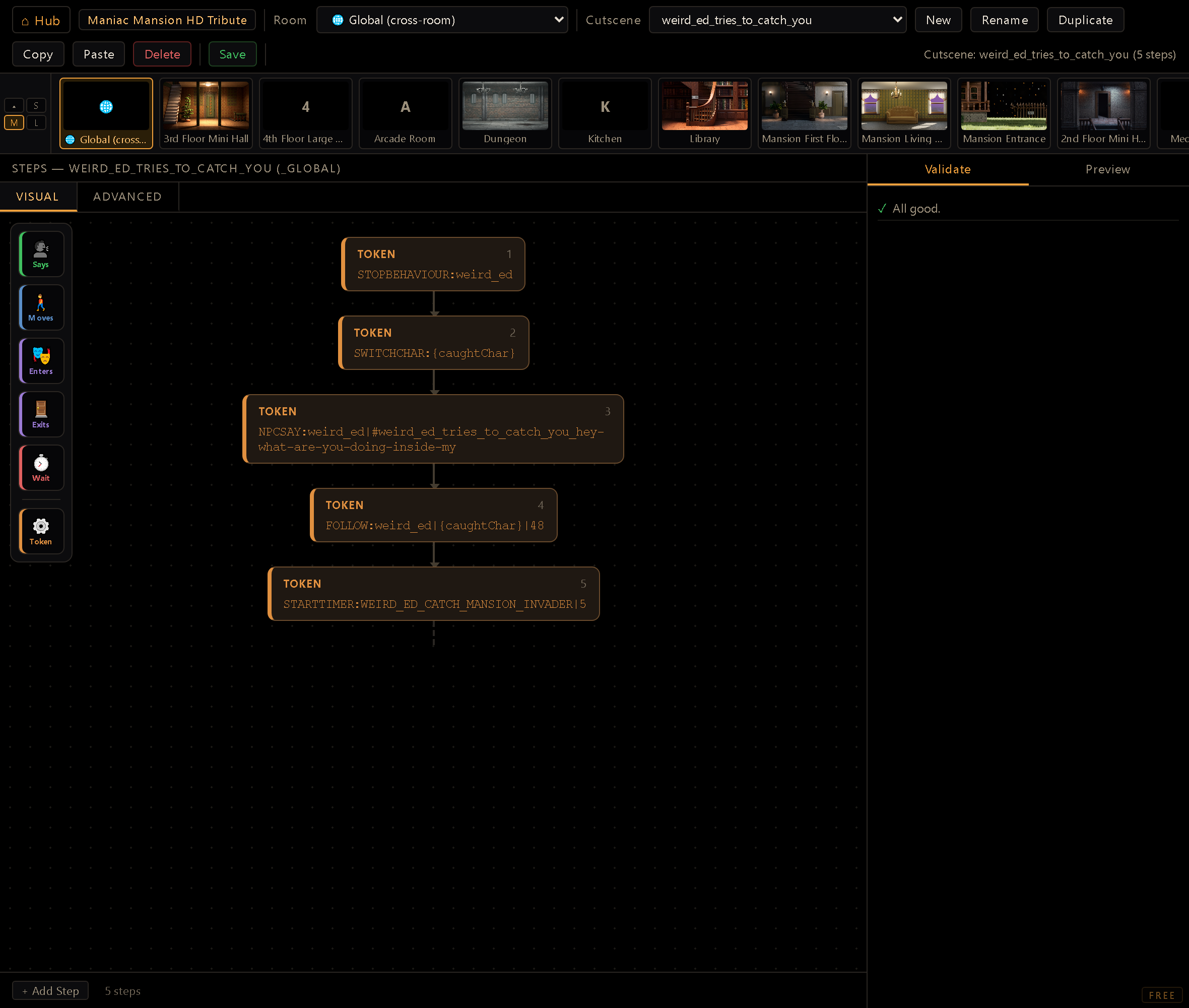 The Cutscene Editor screen — the ordered step list for a room's cutscene.