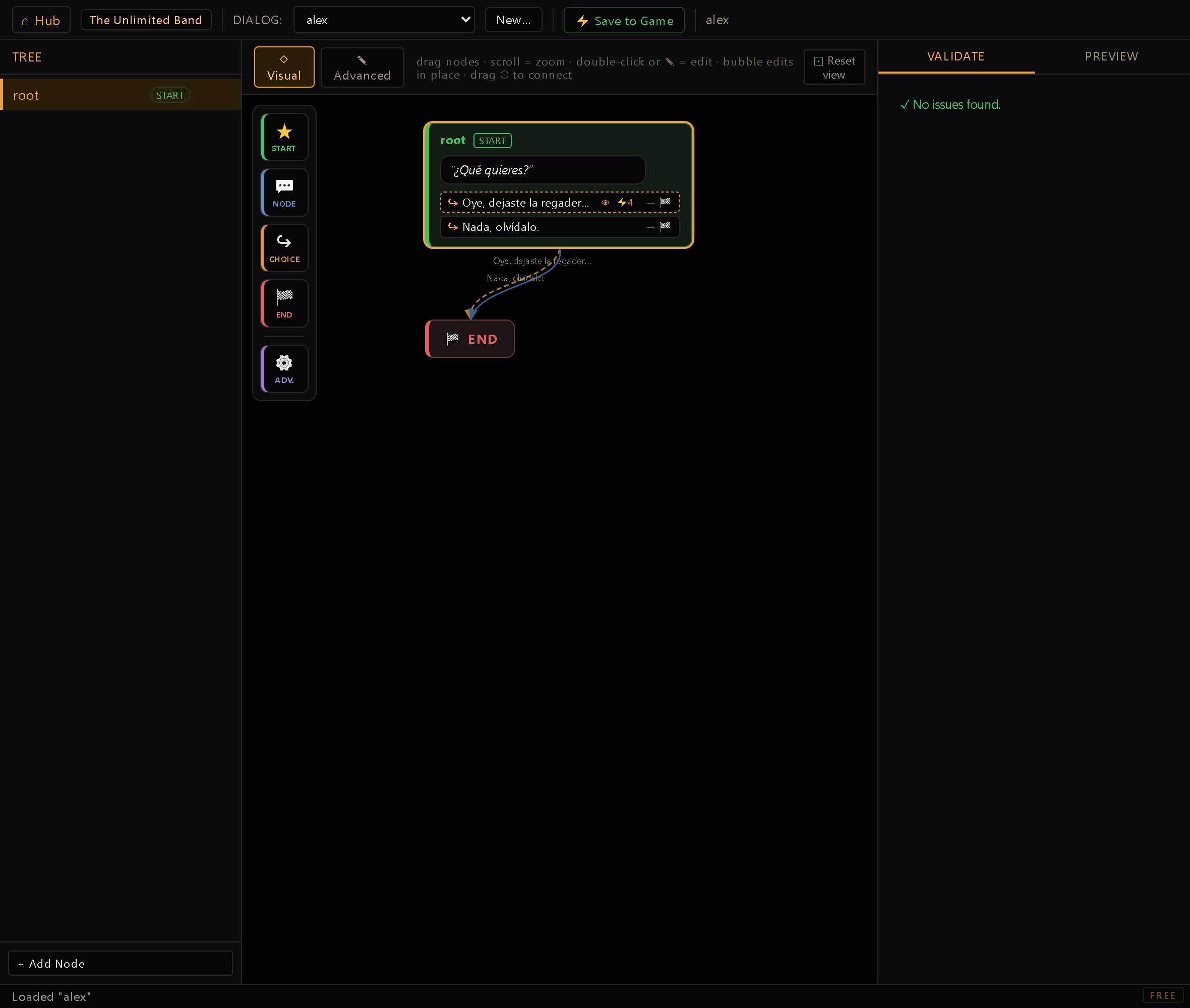 The Dialog Editor screen — a conversation tree with its nodes and choices.