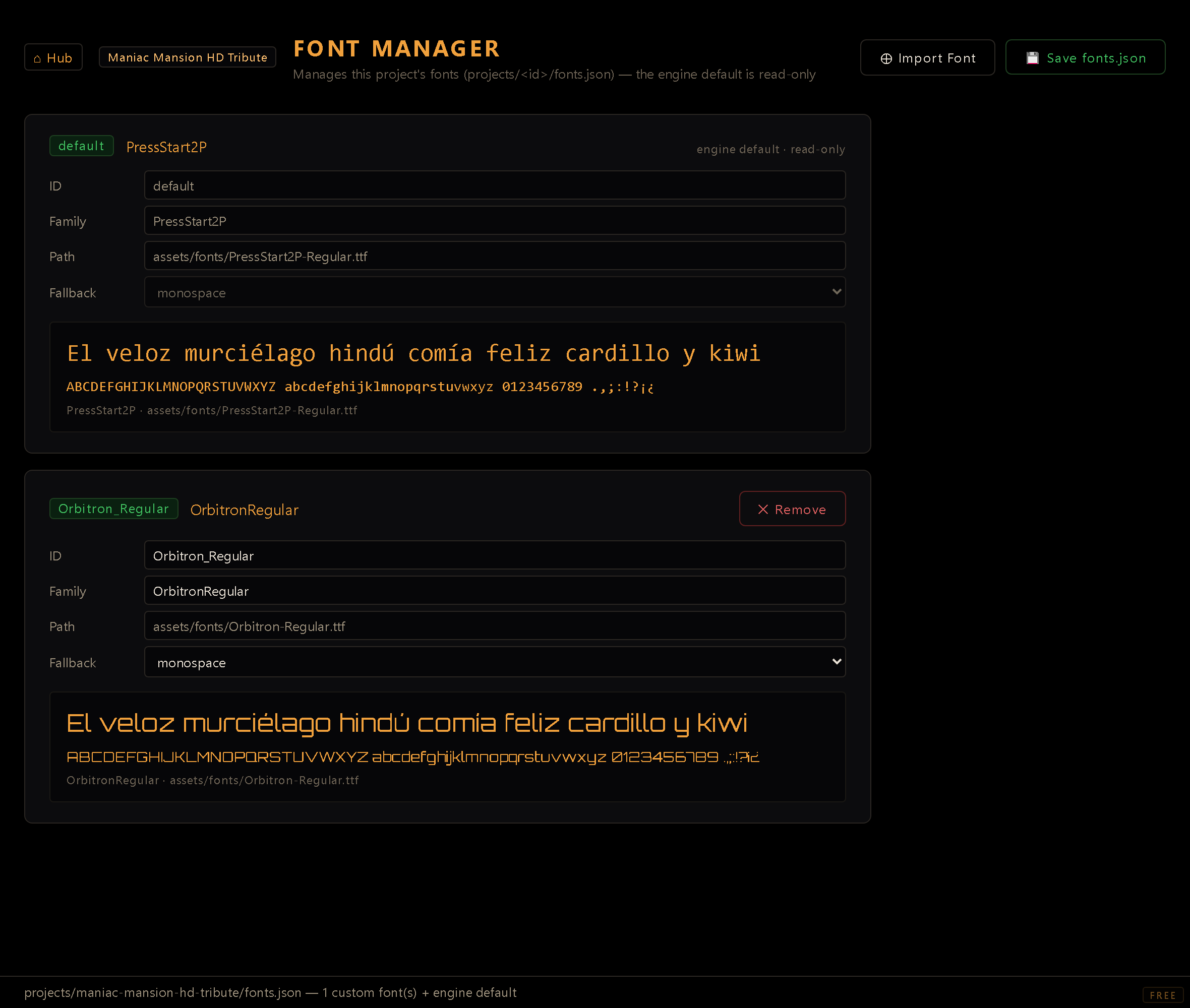 The Font Manager screen — the project's custom font registry.