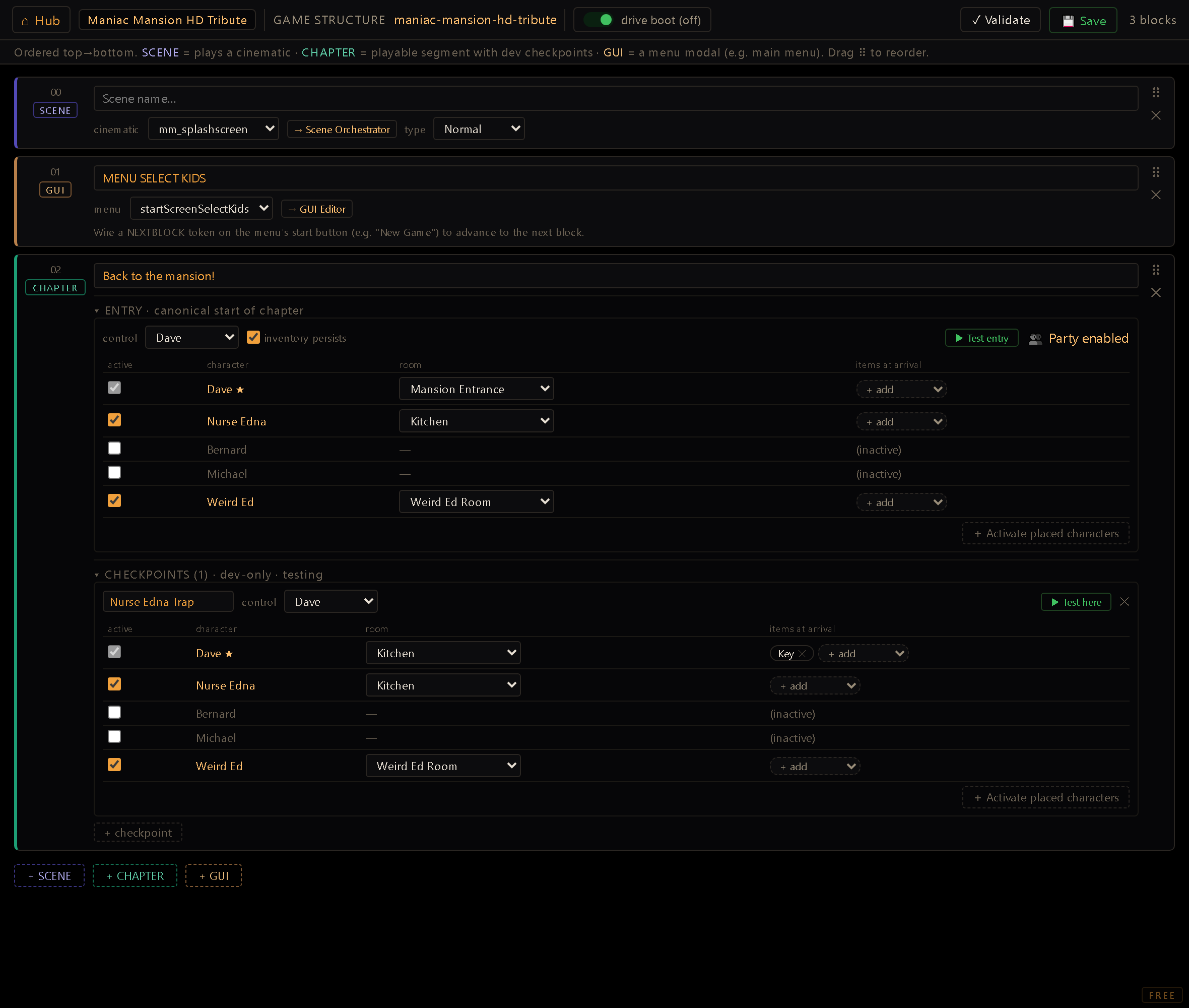 The Game Structure Designer screen — the top-to-bottom sequence of cinematic, chapter, and menu blocks.