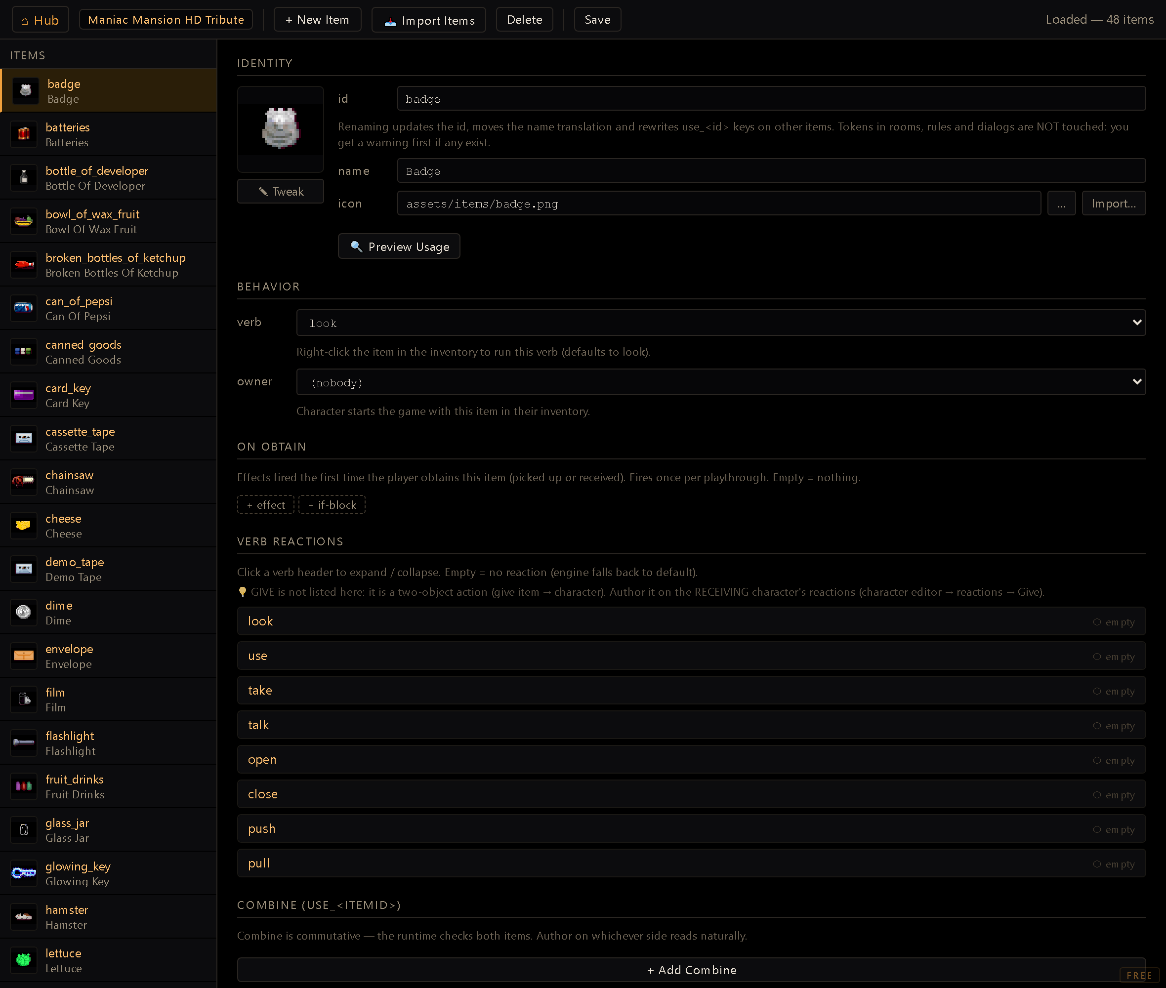 The Items Editor screen — the item list on the left and the detail form for a selected item on the right.