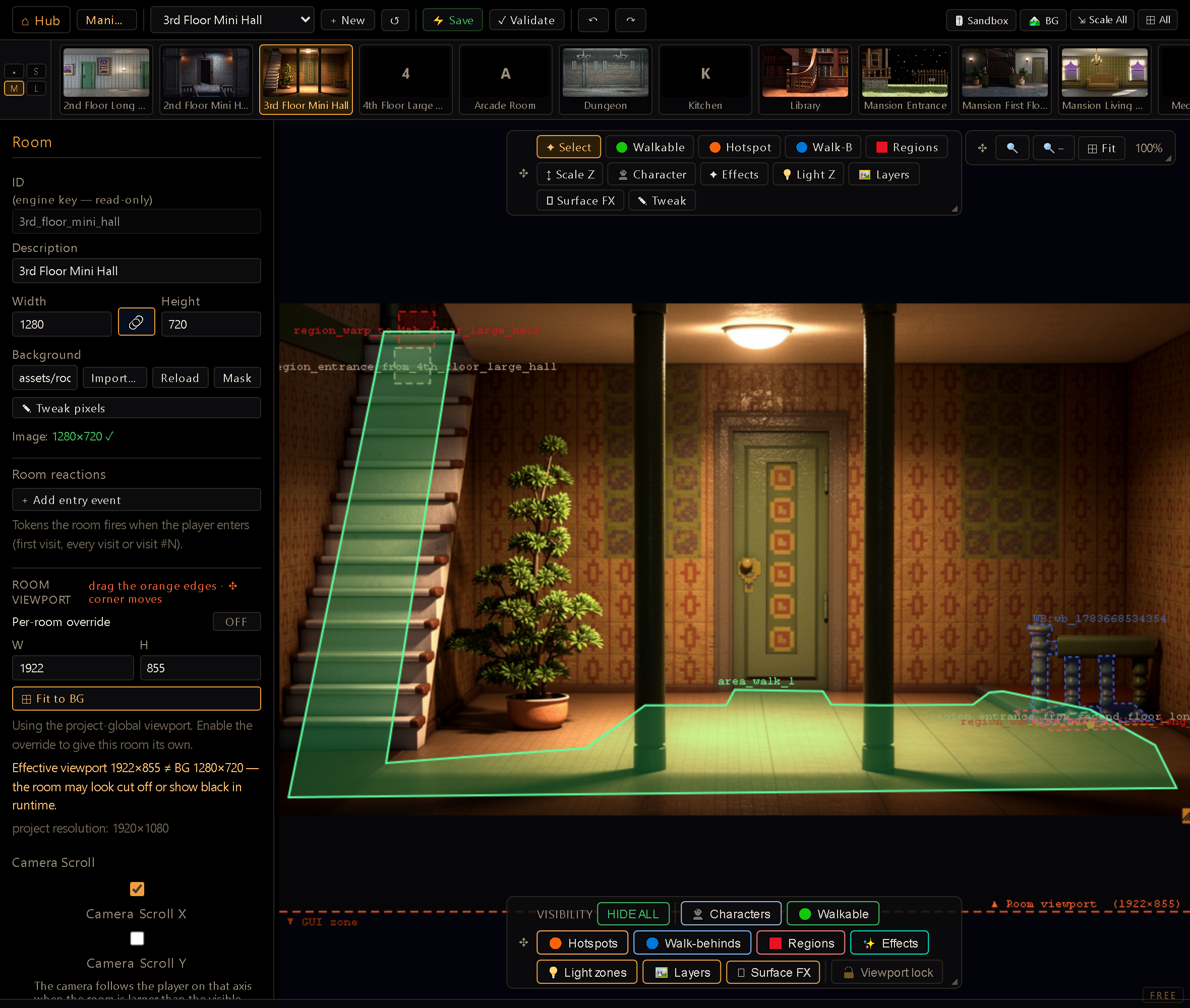 The Room Editor screen — hotspots, walkable areas, and regions laid over a room's background.