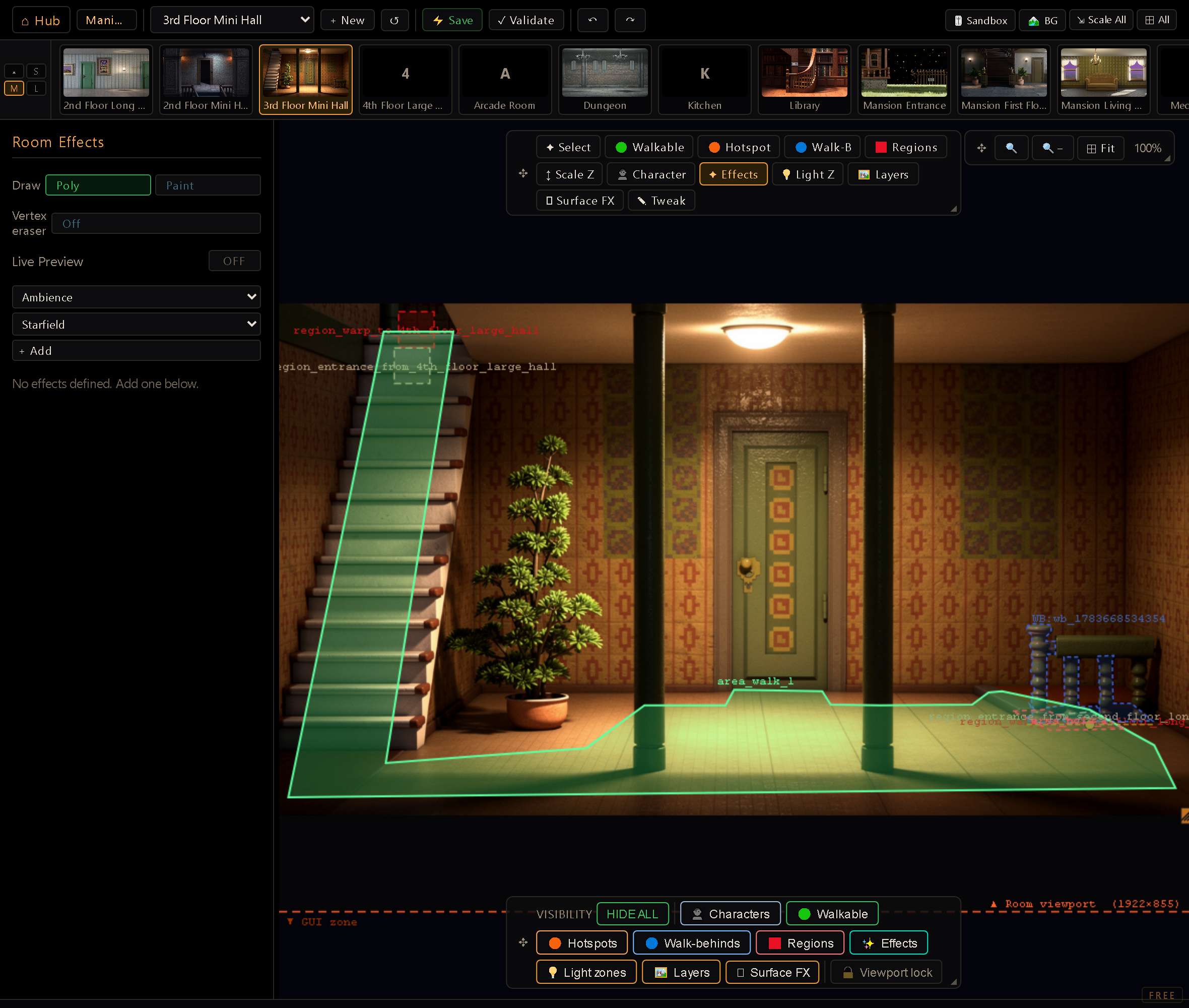 The Room Effects panel — the category/type picker and an added effect's parameters.