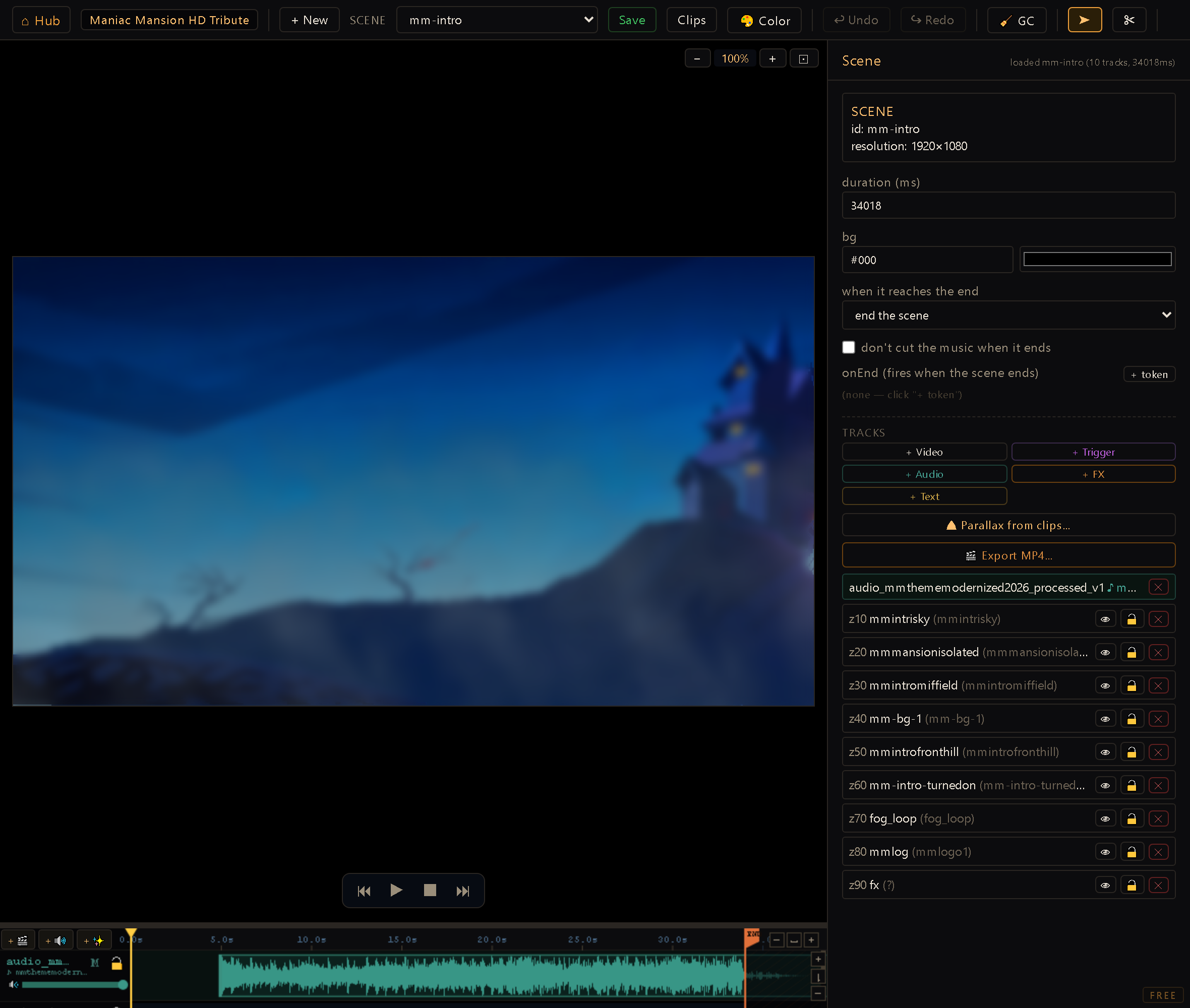 The Scene Orchestrator screen — a cinematic clip's flipbook timeline.
