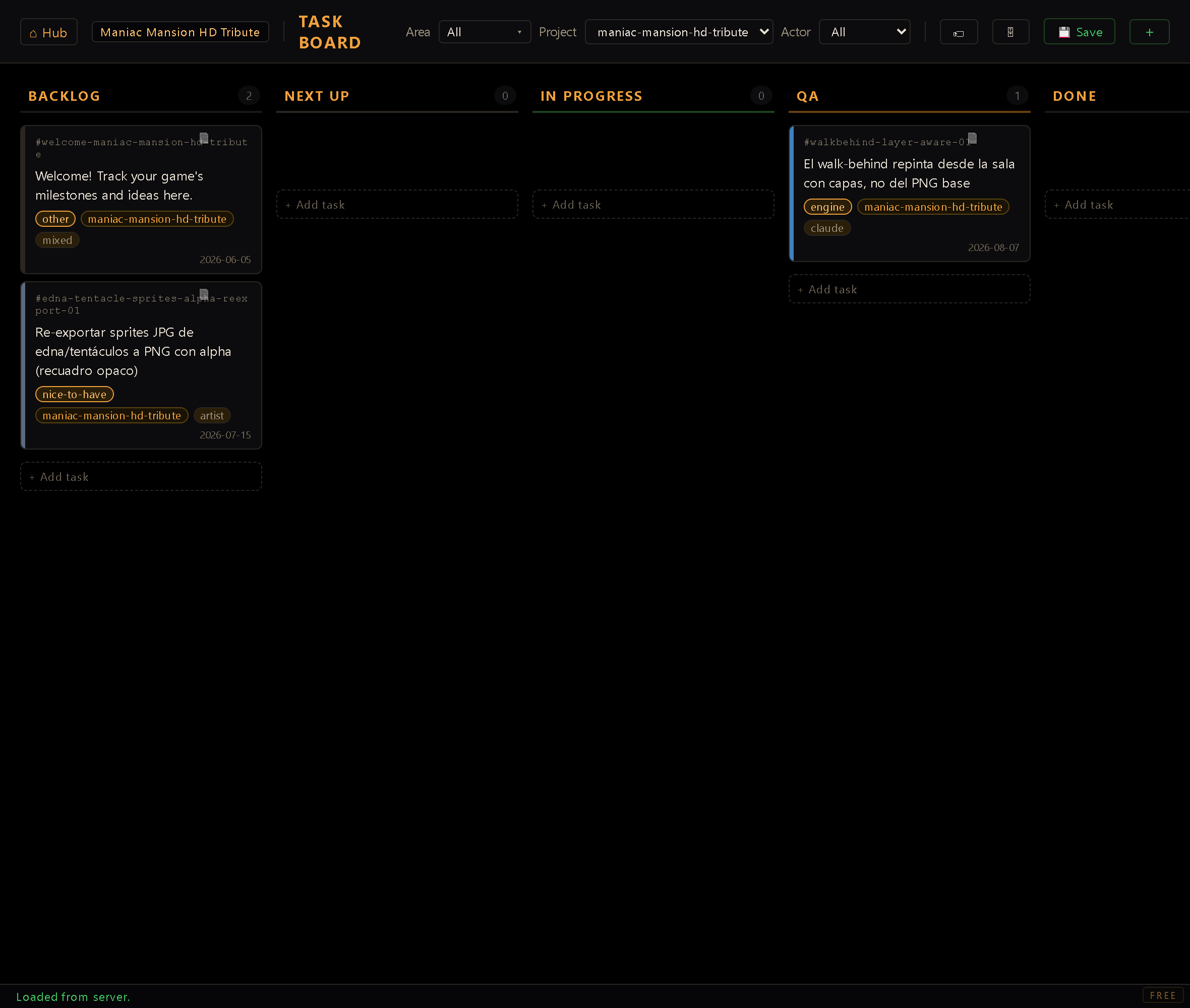 The Task Board screen — cards across the backlog, next, in progress, QA, and done columns.
