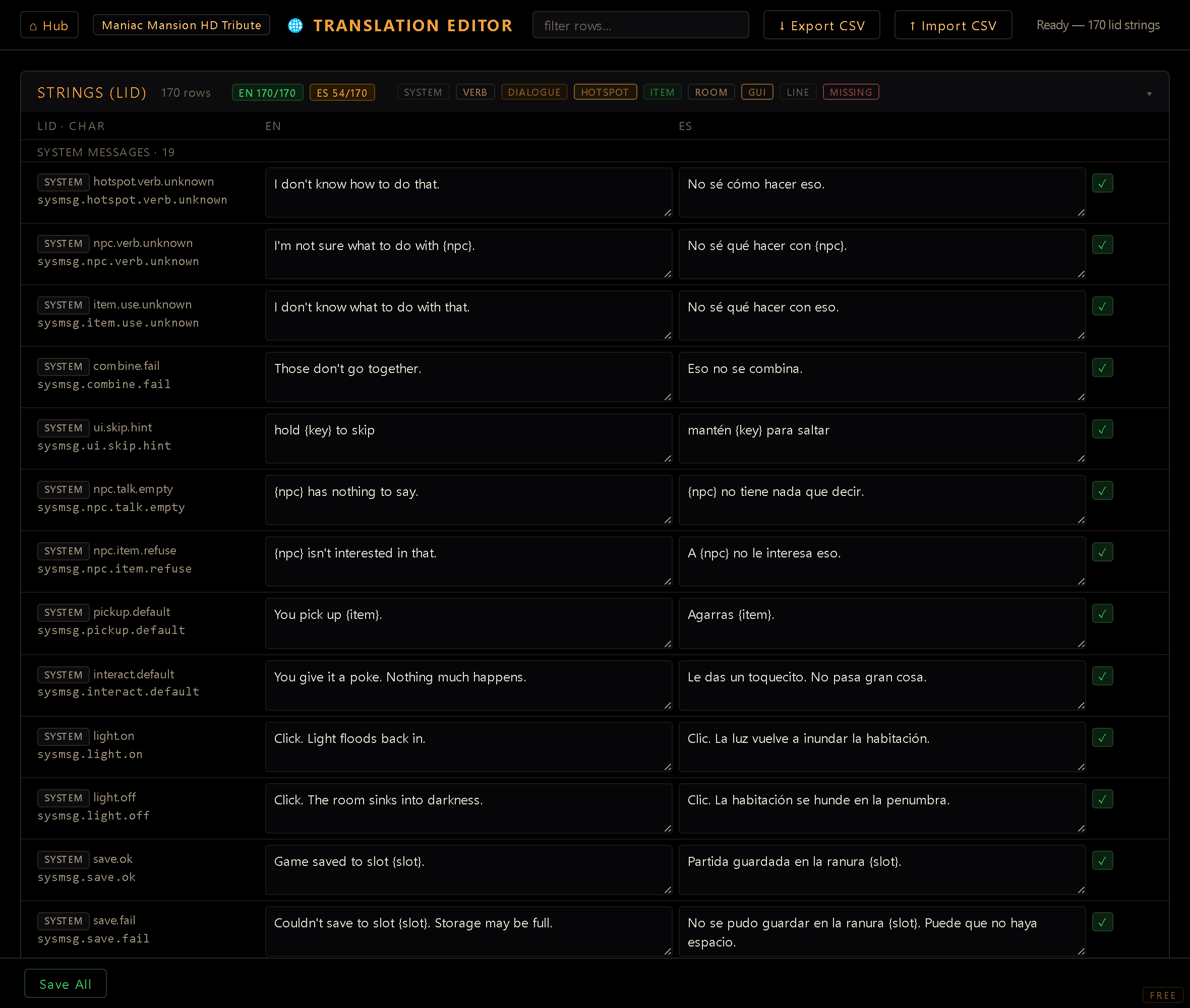 The Translation Editor screen — a side-by-side grid of every language in the project.